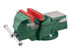 A green Parkside vise with red jaw pads on a white background.