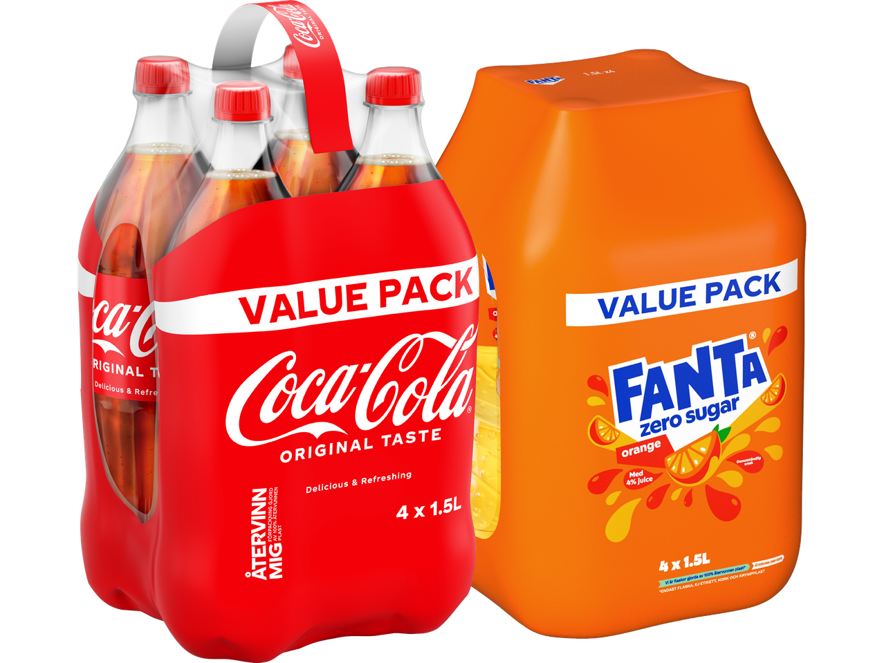 Ett värdepaket med Coca-Cola och Fanta Zero Sugar flaskor.