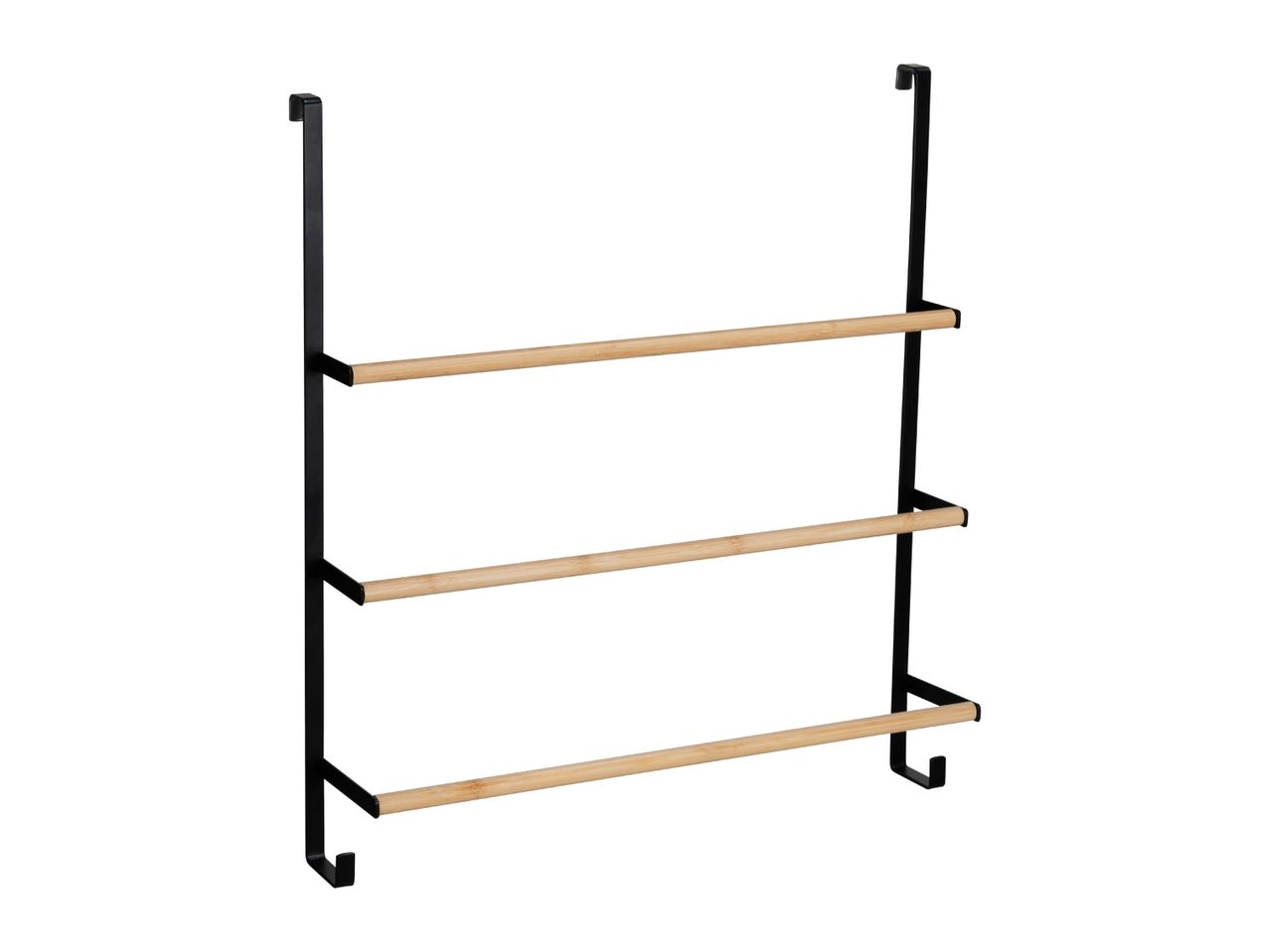 Over-the-door towel rack with three wooden bars and black metal frame.
