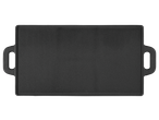 Rectangular cast iron griddle with handles on a black background
