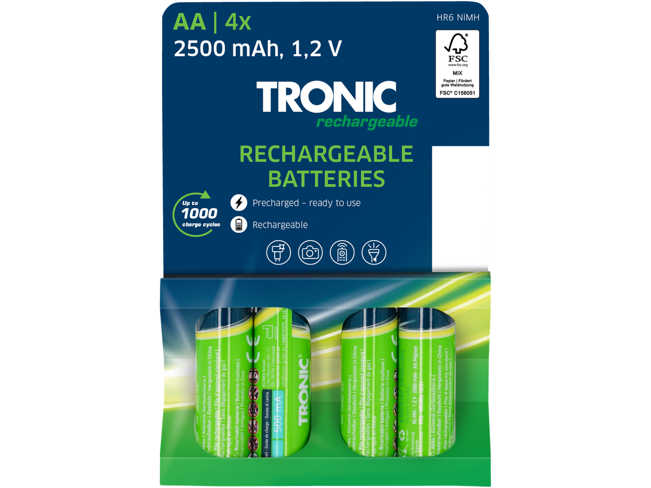 TRONIC oplaadbare AA-batterijen, 2500 mAh, 4 stuks.