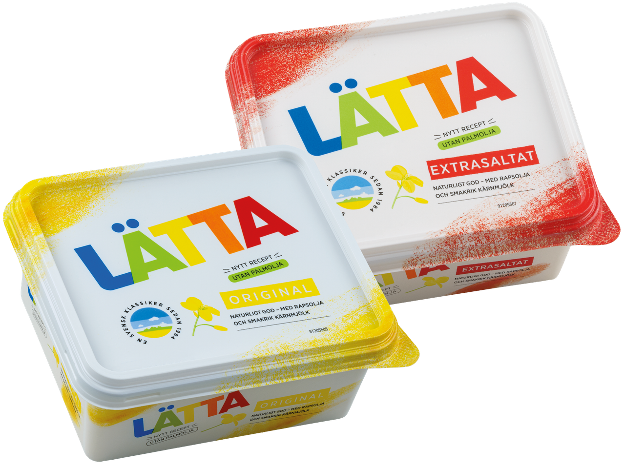 Två förpackningar Lätta margarin, en original och en extrasaltad, med färgglad design.