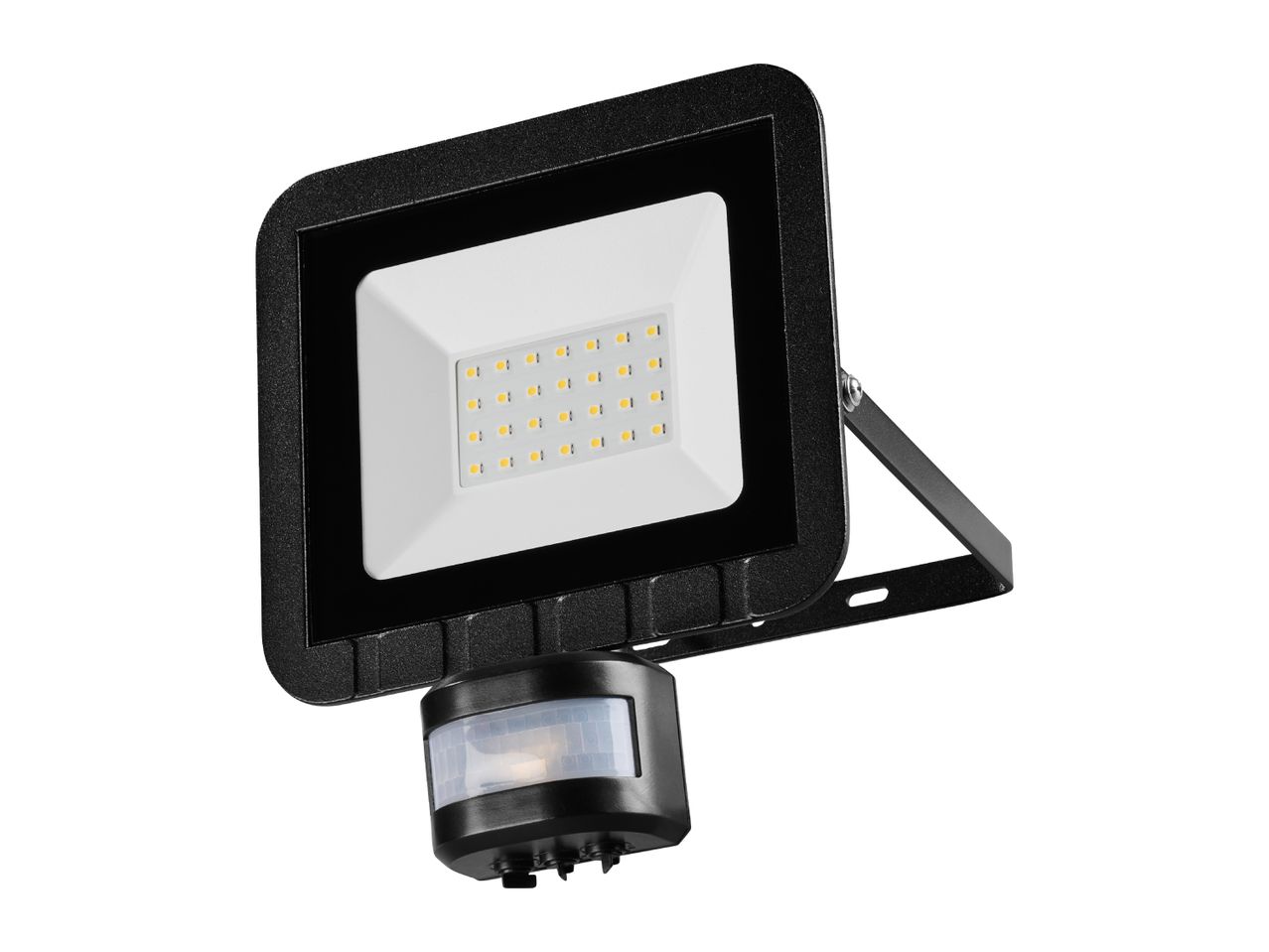 Black LED floodlight with an integrated motion sensor