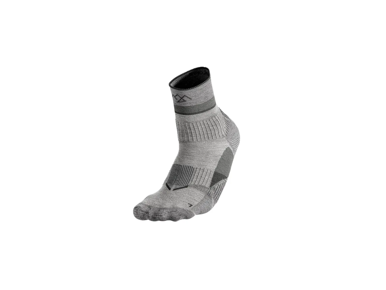 A single grey and black athletic sock with a mountain logo.