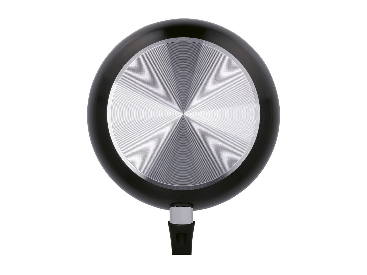 Bottom view of a black frying pan with a silver, ridged base and a black handle.