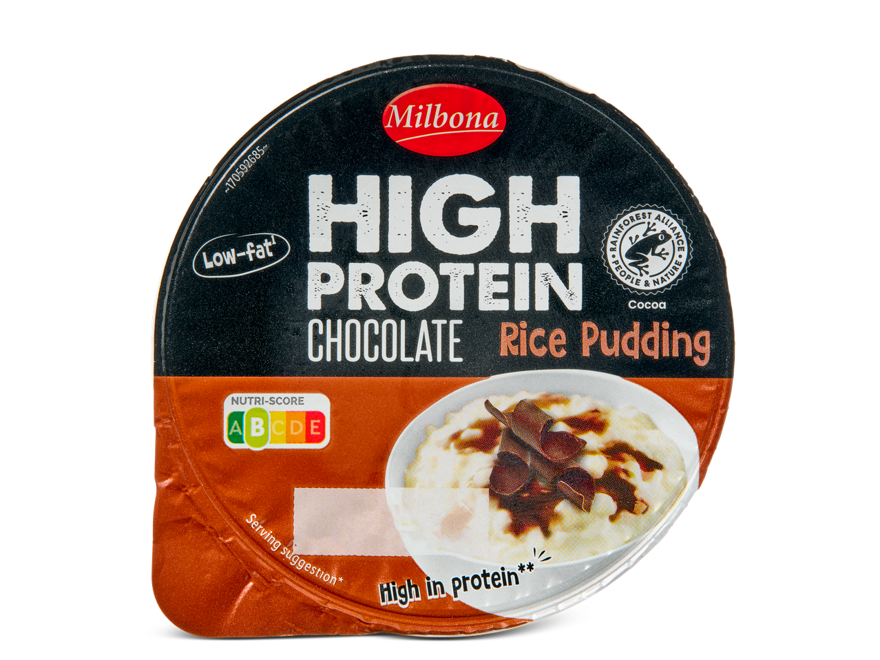 Milbona chocolade rijstpudding: hoog eiwitgehalte, laag vetgehalte.