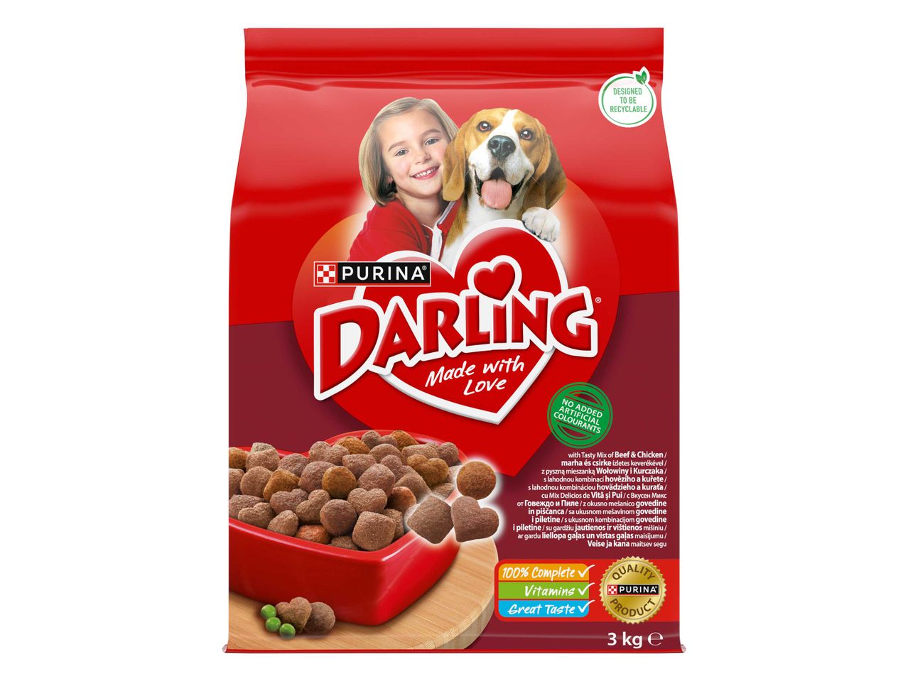 Purina Darling kutyaeledel 3 kg-os kiszerelésben, marha és csirke ízesítéssel.