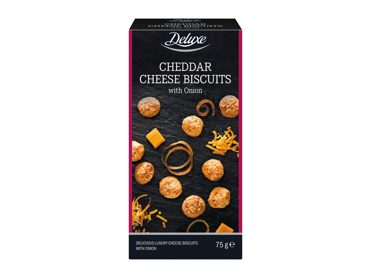 Deluxe Cheddar Cheese Biscuits with Onion, 75g packaging.