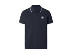 Dark blue polo shirt with white striped collar and sleeves, featuring a circular embroidered emblem.