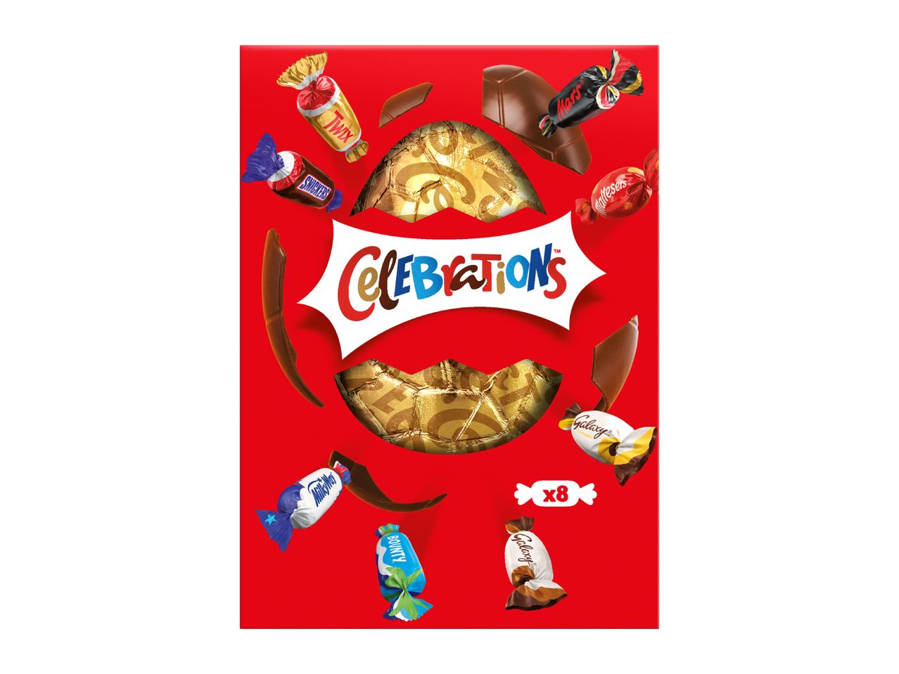 An assortment of individually wrapped chocolates and chocolate pieces, with a large gold-foiled chocolate egg, on a red background.