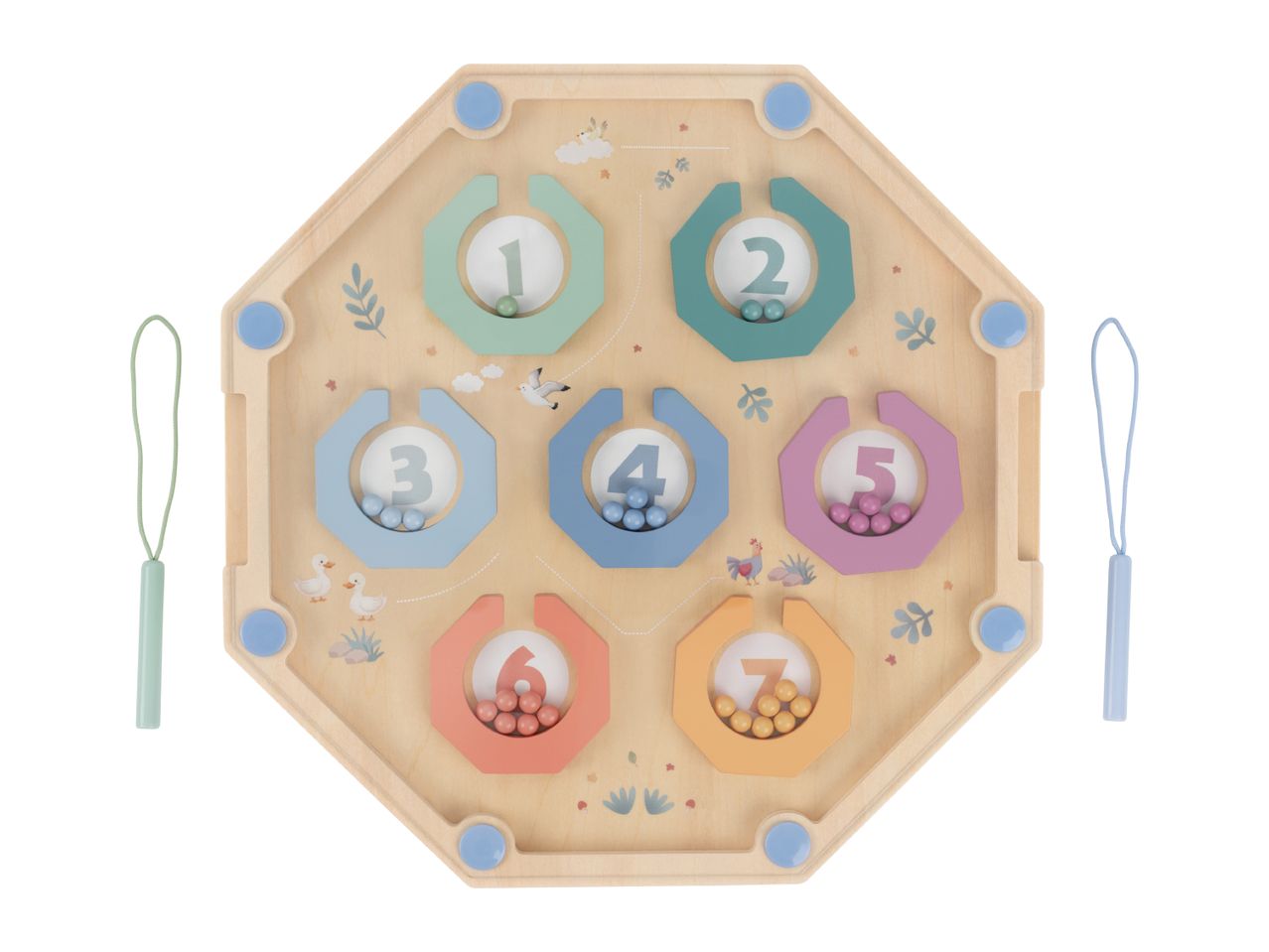 Wooden counting maze with numbers 1-7, colorful beads, and animal illustrations.