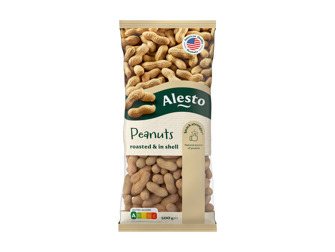 Alesto geroosterde pinda's in dop, 500g verpakking met Nutri-Score A