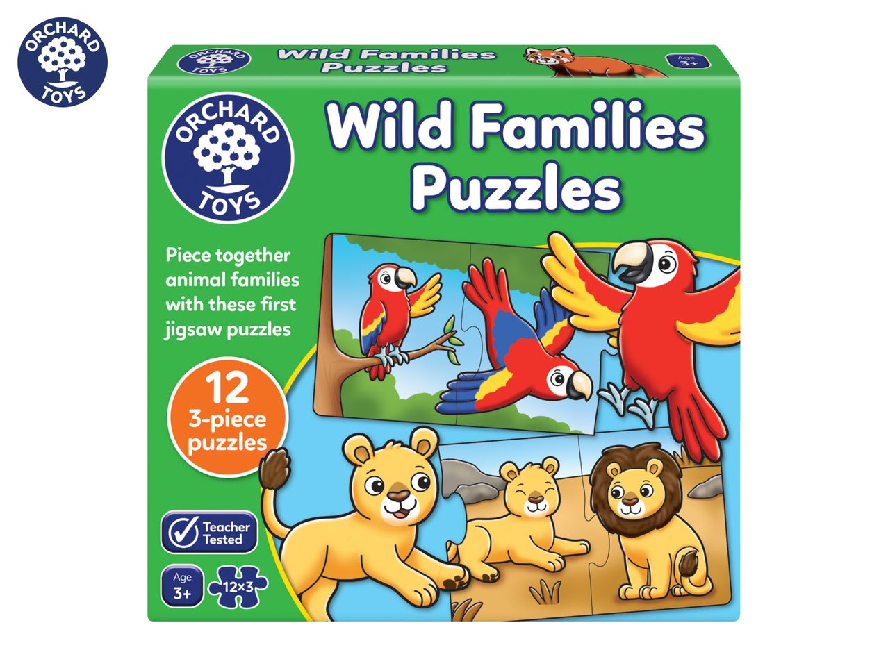 Wild Families Puzzles box with 12 three-piece jigsaw puzzles featuring animal families.