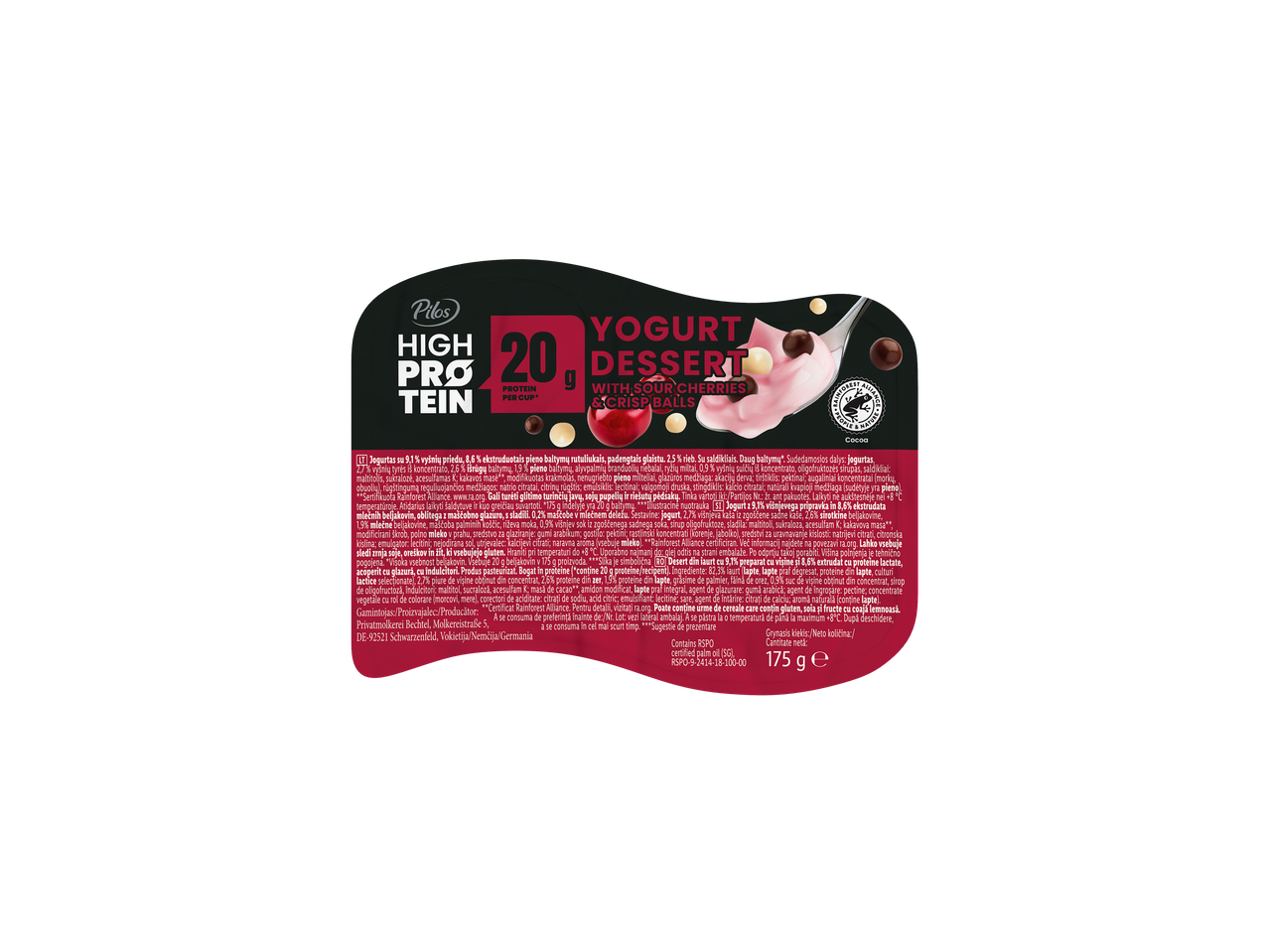 Pilos High Protein Jogurtov desert s kislimi češnjami in hrustljavimi kroglicami, 175g