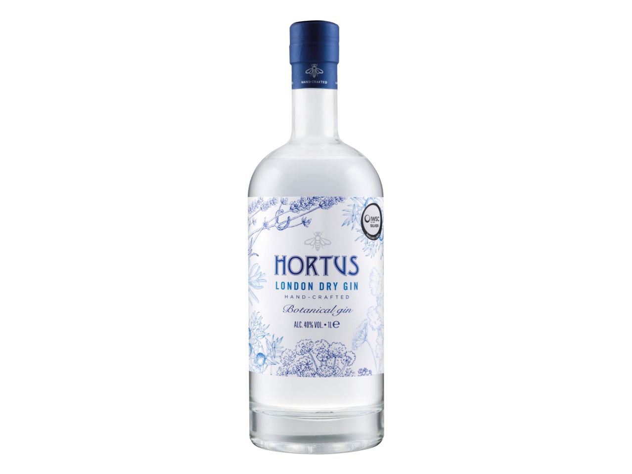 Hortus London Dry Gin bottle with botanical design and silver award