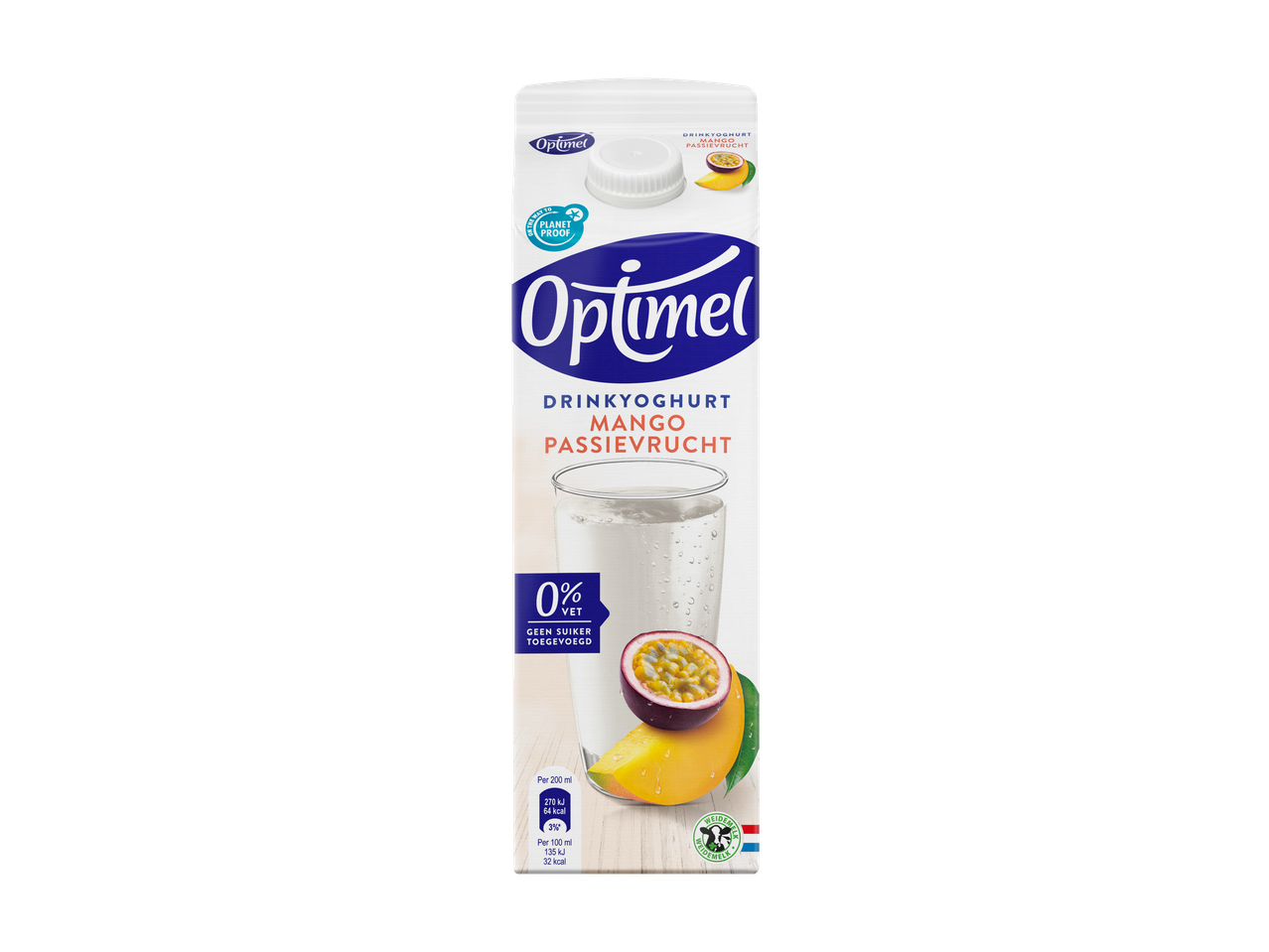 Optimel Drinkyoghurt Mango Passievrucht, 0% vet, geen suiker toegevoegd, met voedingsinformatie.