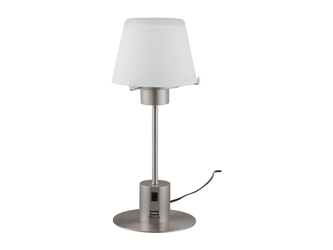 A modern, brushed nickel table lamp with a frosted glass shade and USB port.