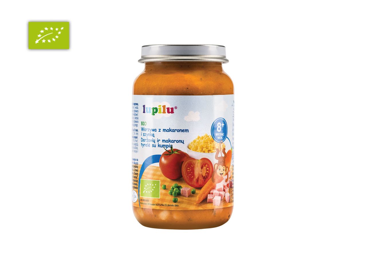 Lupilu bio kūdikių maistas: daržovės, makaronai ir kumpis, nuo 8 mėnesių.