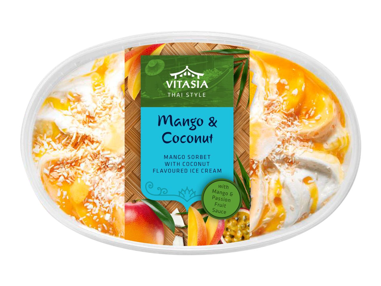 Mango and coconut sorbet with ice cream, topped with mango and passion fruit sauce.