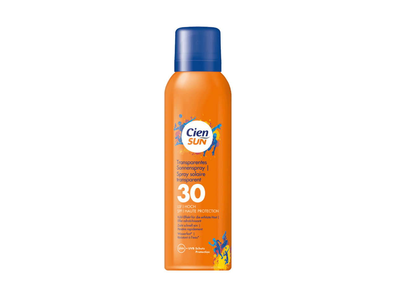 Transparentes Sonnenspray mit LSF 30, Kühleffekt und wasserfestem Schutz.