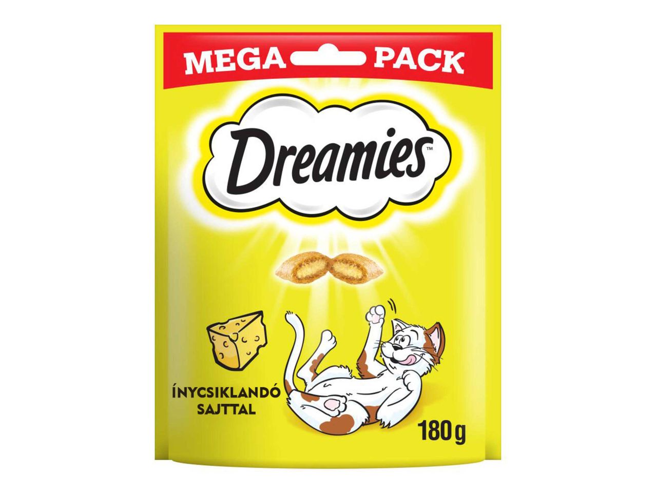 Dreamies macskasnack sajt ízesítéssel, 180g-os kiszerelésben.