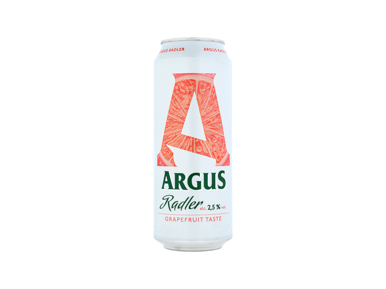 Lata de bebida de toranja com 2,5% de álcool, com um grande 'A' de toranja.