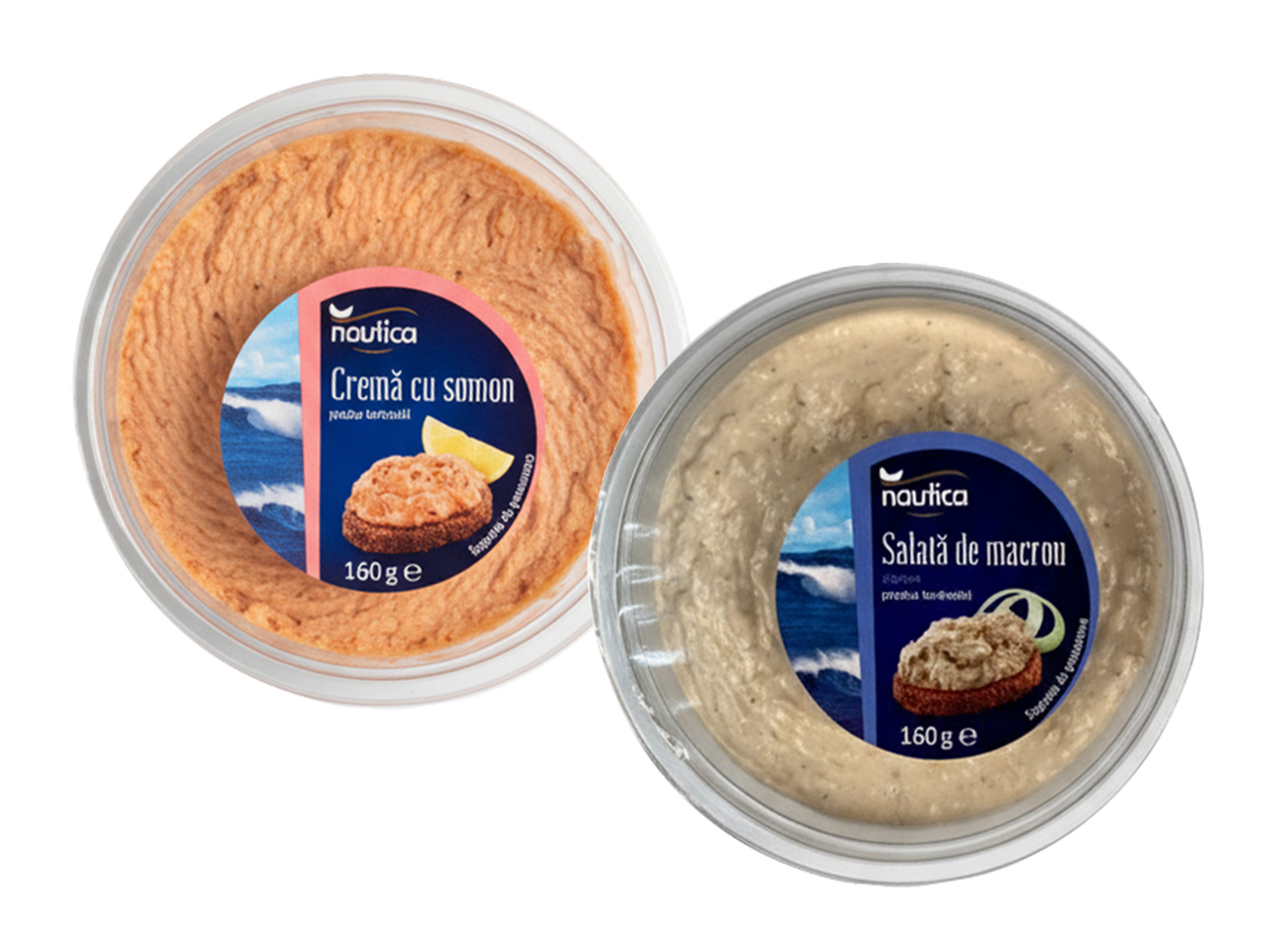 Două recipiente cu Nautica Cremă cu somon și Salată de macrou, ambele de 160g.