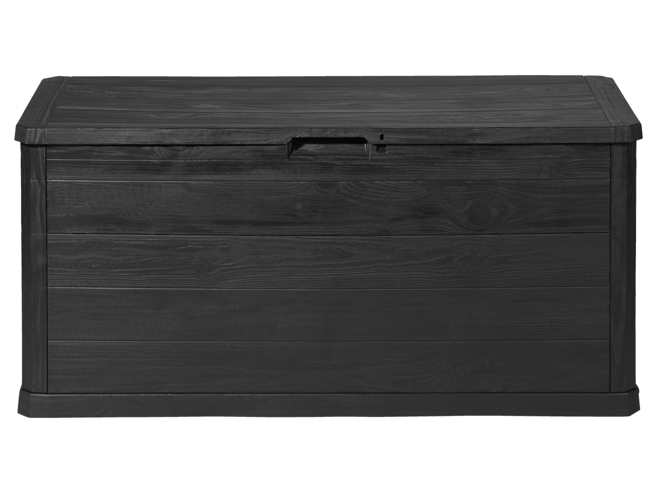 Coffre de rangement gris foncé effet bois.