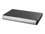 Closed grill press with a black top and a silver-colored handle, featuring embossed text.
