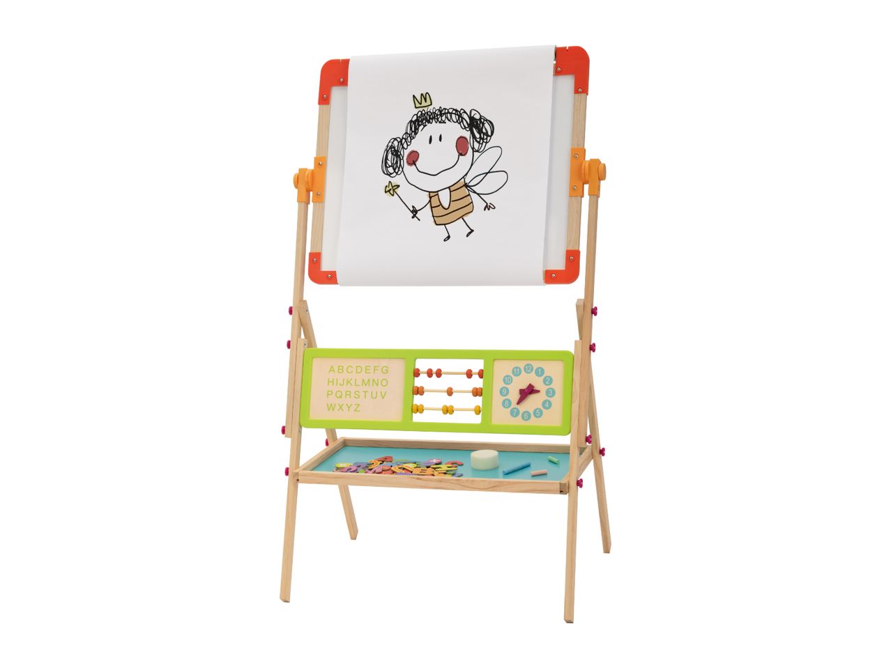 Children's wooden easel with a drawing of a fairy, an abacus, a clock, and alphabet letters