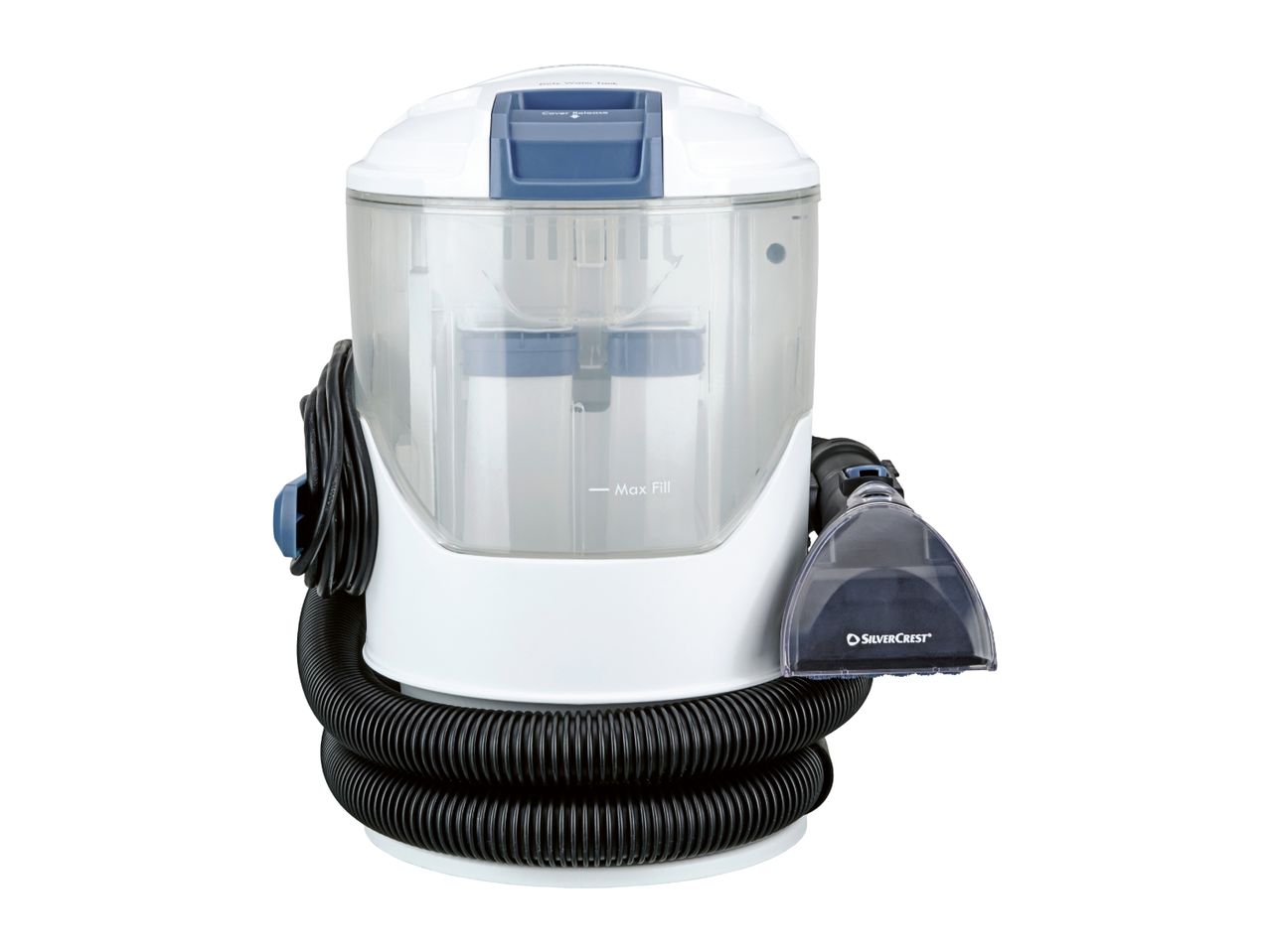 Compact carpet and upholstery cleaner with hose and nozzle attachment