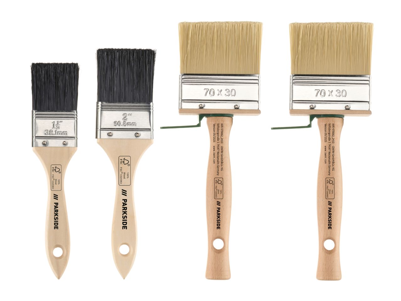 Four paintbrushes, two with black bristles and two with light bristles, on a white background.