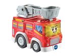 A red VTech fire truck toy with a smiling face on the windshield and a gray ladder.