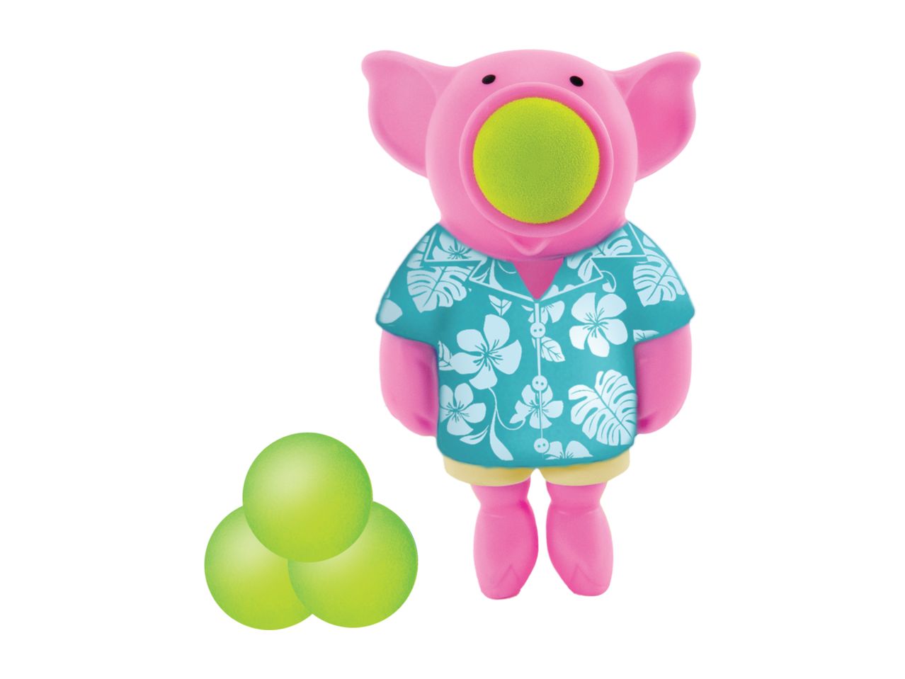 Pink pig toy wearing a Hawaiian shirt with three green balls next to it.