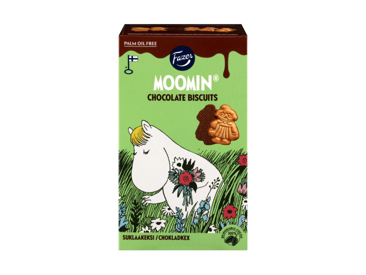 Moomin chocolate biscuits in a packet with a Moomin character and a biscuit on the front.