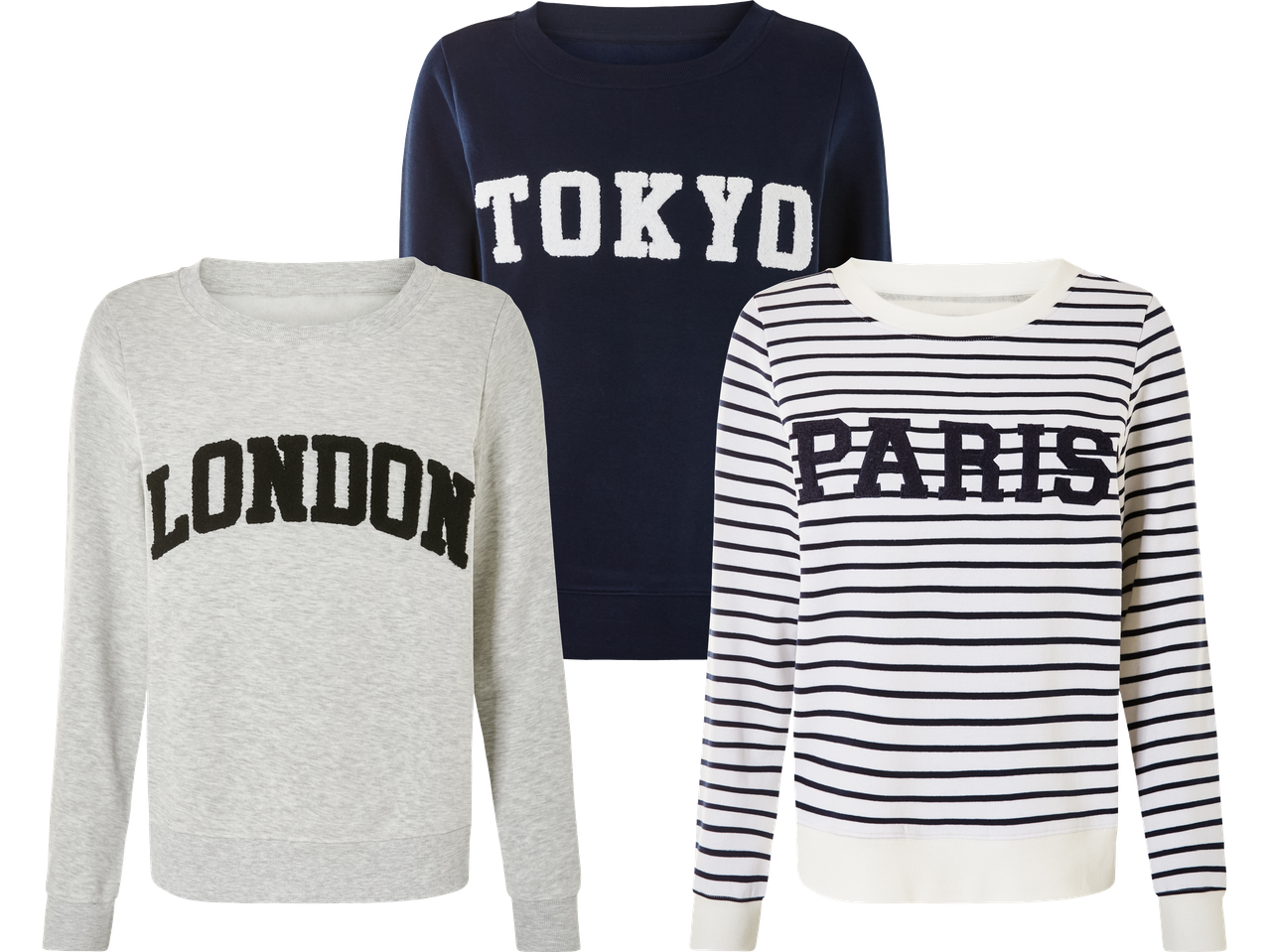 Tre tröjor med tryck av städer: Tokyo, London och Paris.