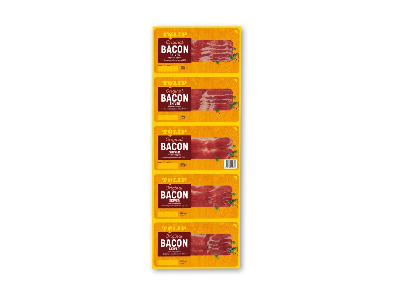 Fem pakker original bacon i skiver, røget over bøgeflis, 100g hver.