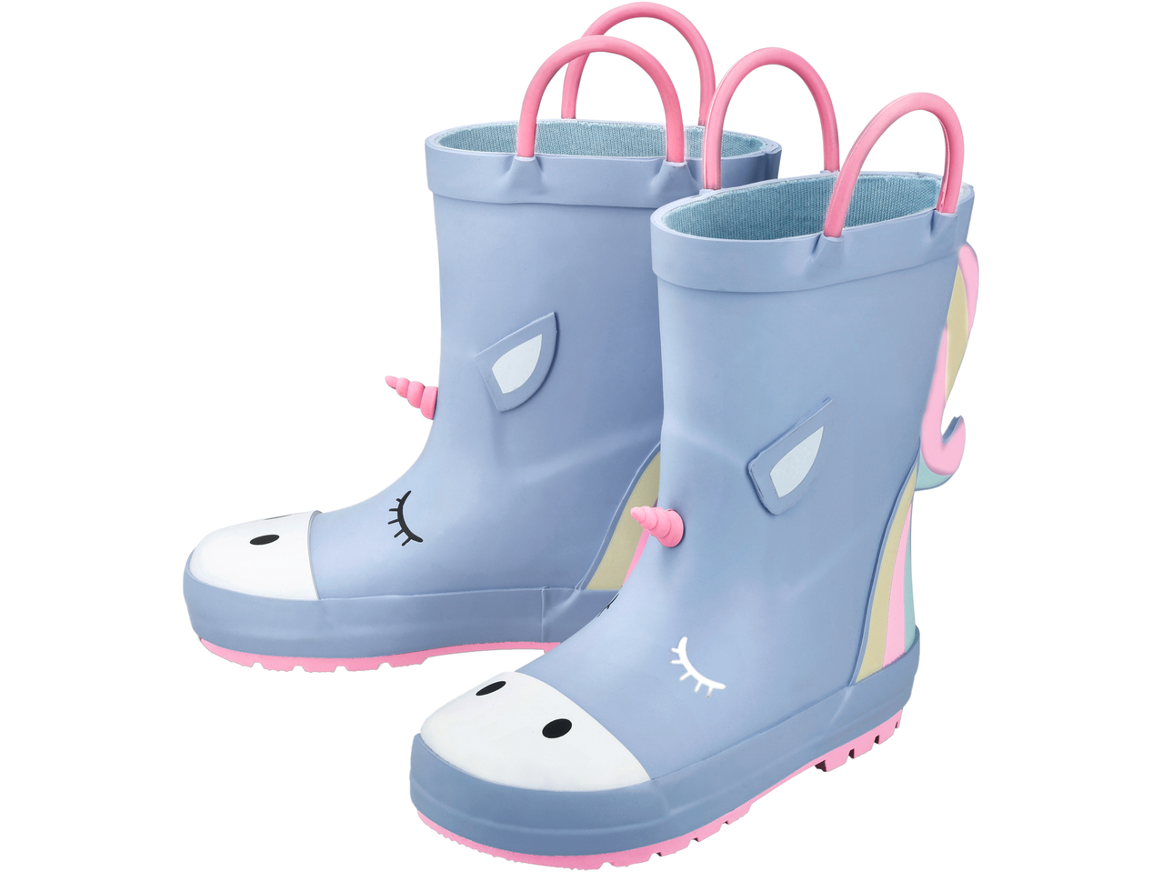 lupilu® bērnu gumijas zābaki ar vienradža dizainu, gaiši zili ar rozā rokturiem.
