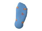 Blue sock with a pattern of orange crabs and lobsters