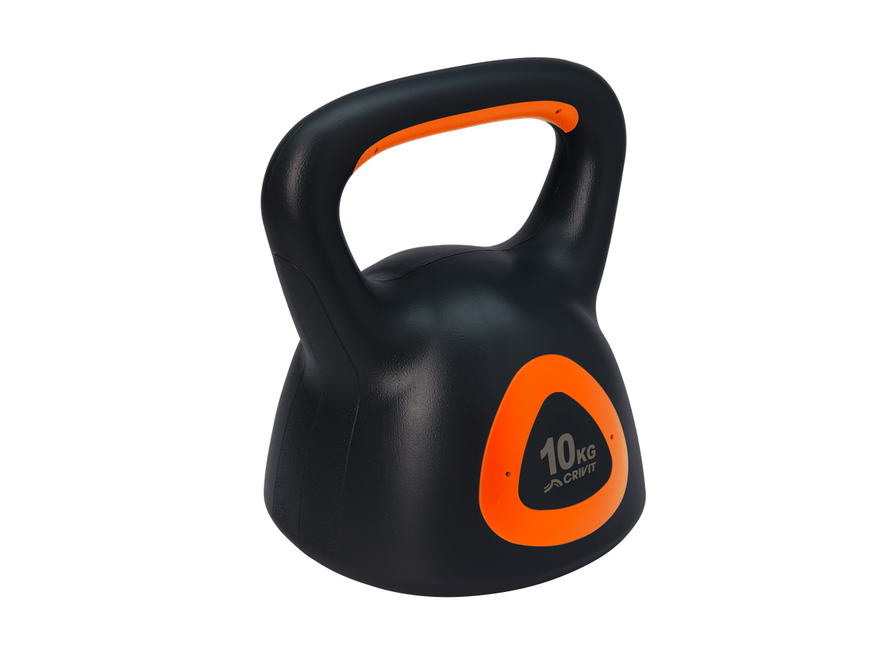 Kettlebell preto de 10 kg com detalhes laranja e logótipo Crivit