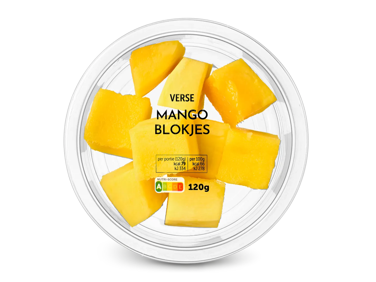 Verse mangoblokjes in een plastic bakje met voedingsinformatie en Nutri-Score.