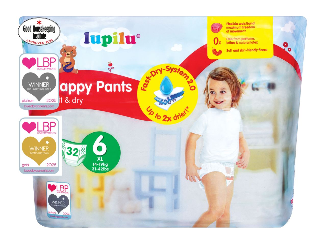 Impidior Happy Pants diapers, size 6, shown on packaging with baby model.