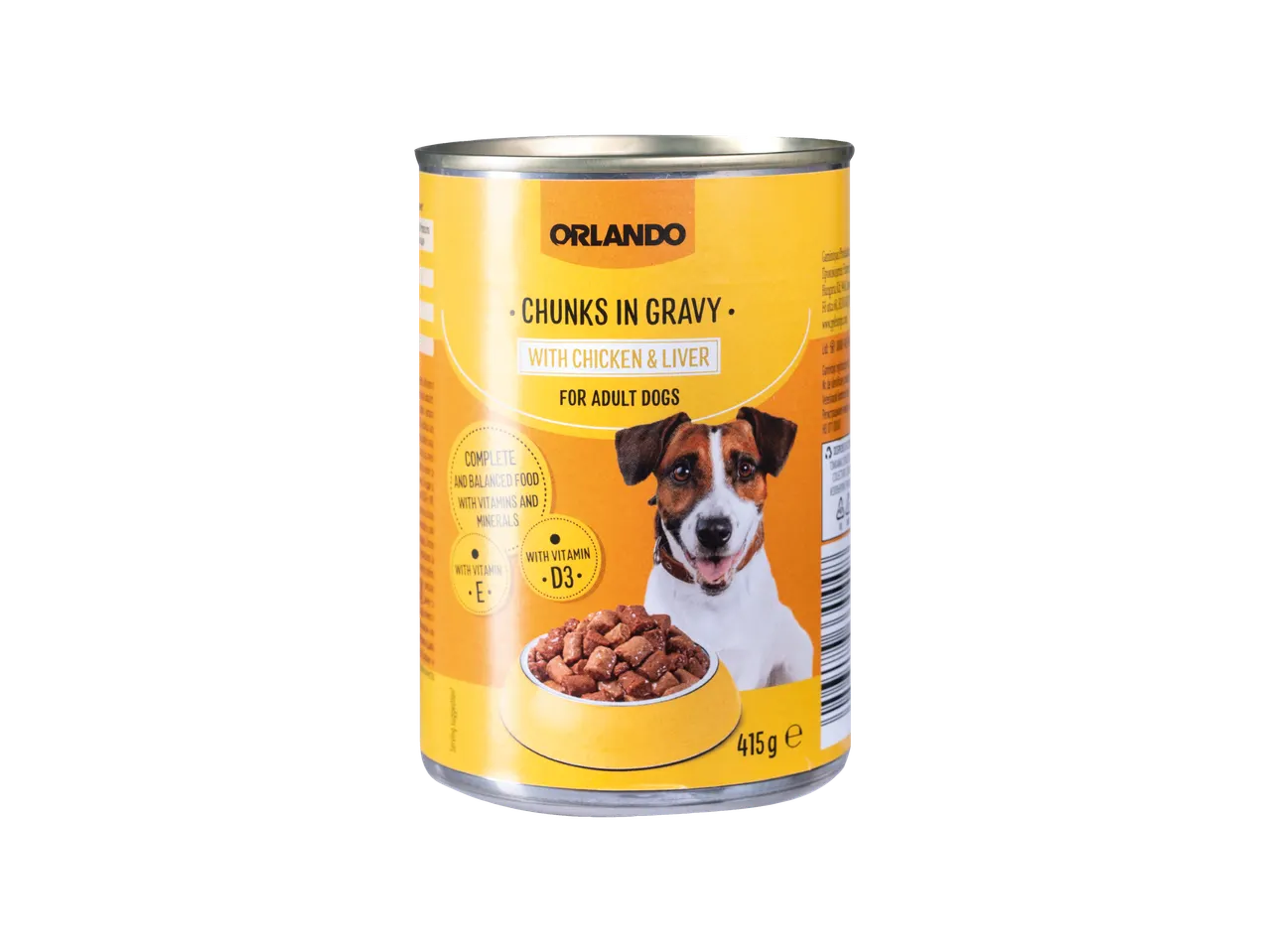 Conservă Orlando cu bucăți de pui și ficat în sos pentru câini adulți, 415g.