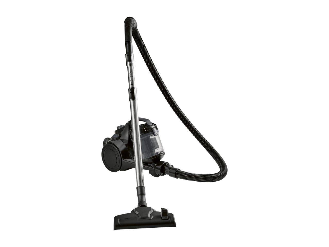 Black cylinder vacuum cleaner with a silver telescopic tube and a flexible hose.