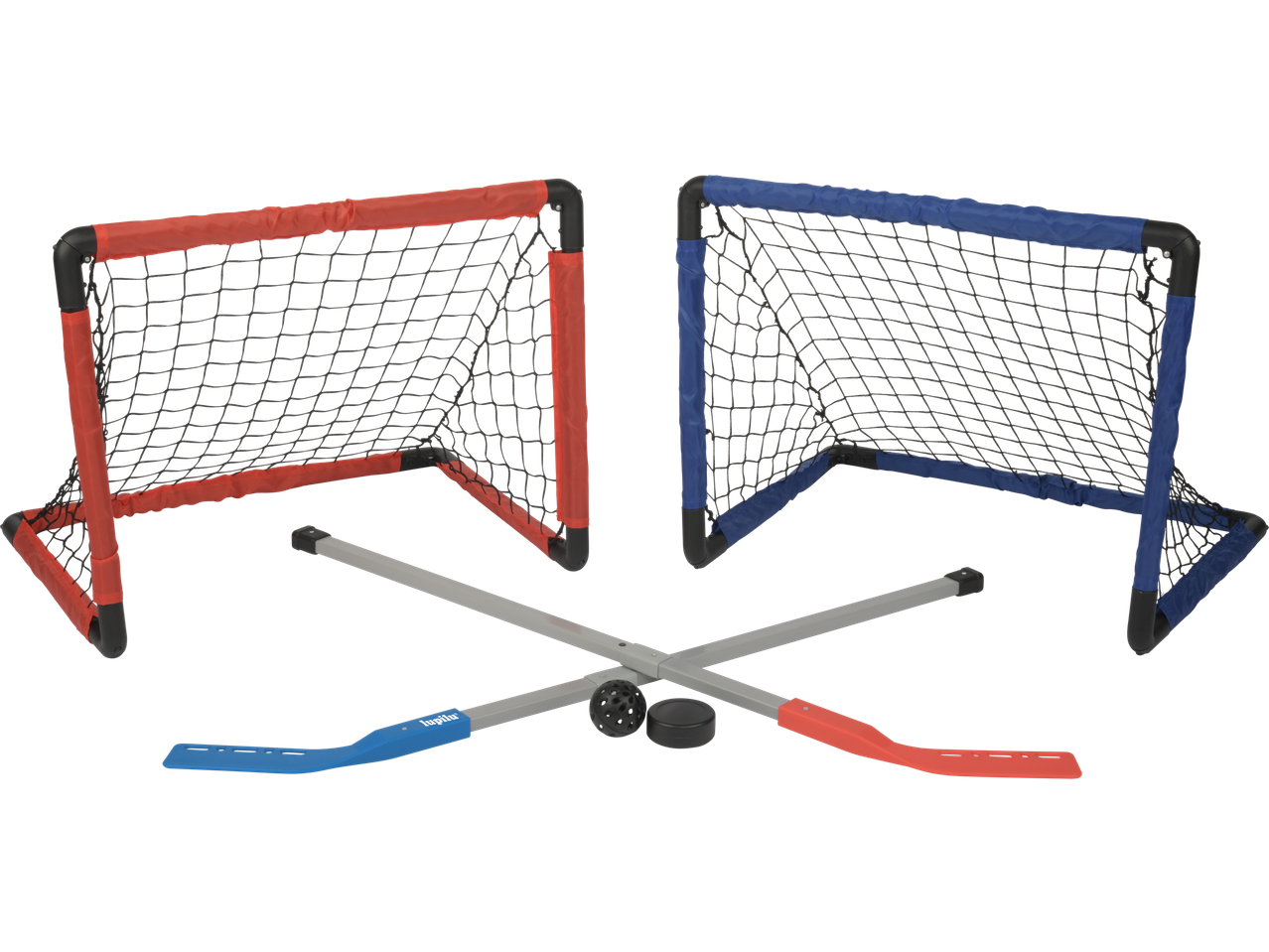 LUPILU spēļu komplekts ar sarkaniem un ziliem hokeja vārtiem, nūjām un ripām