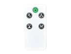 White remote control with green power button and black fan, timer, and mode icons.