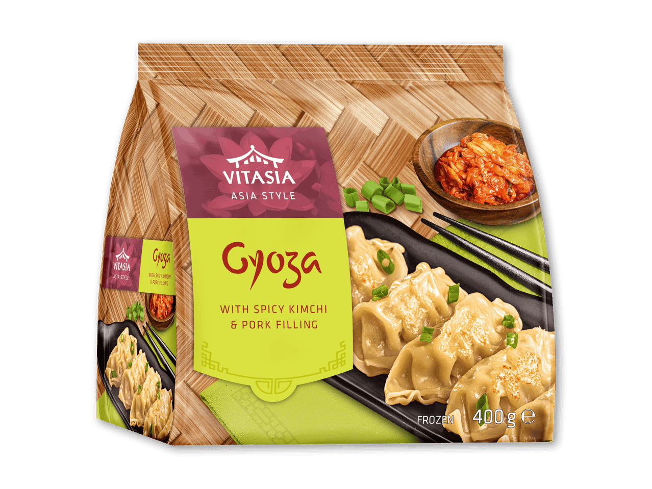 Frossen gyoza med krydret kimchi og svinekødsfyld, 400g.