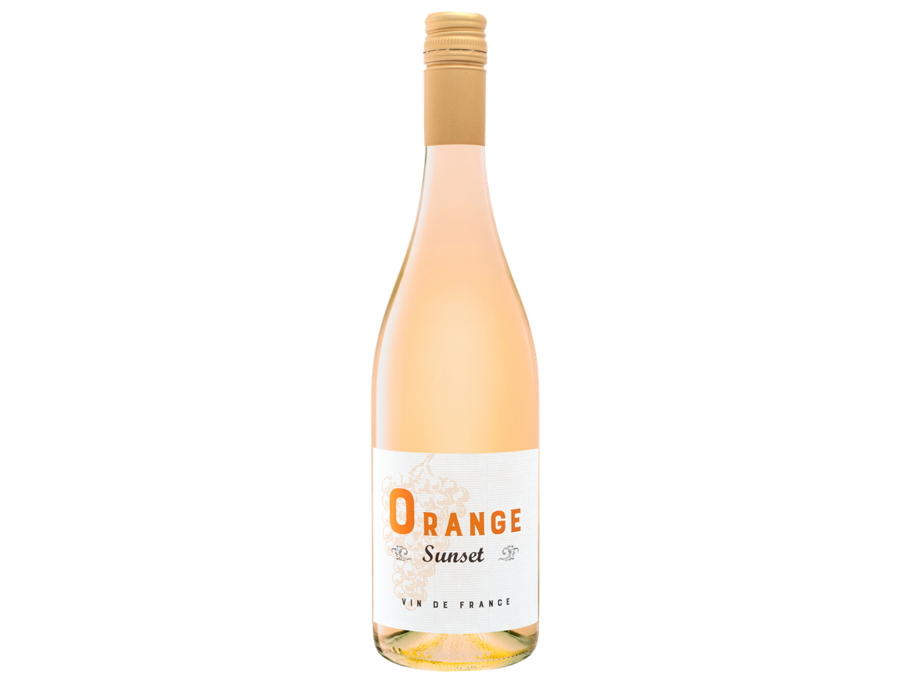 Fles Orange Sunset wijn uit Frankrijk.