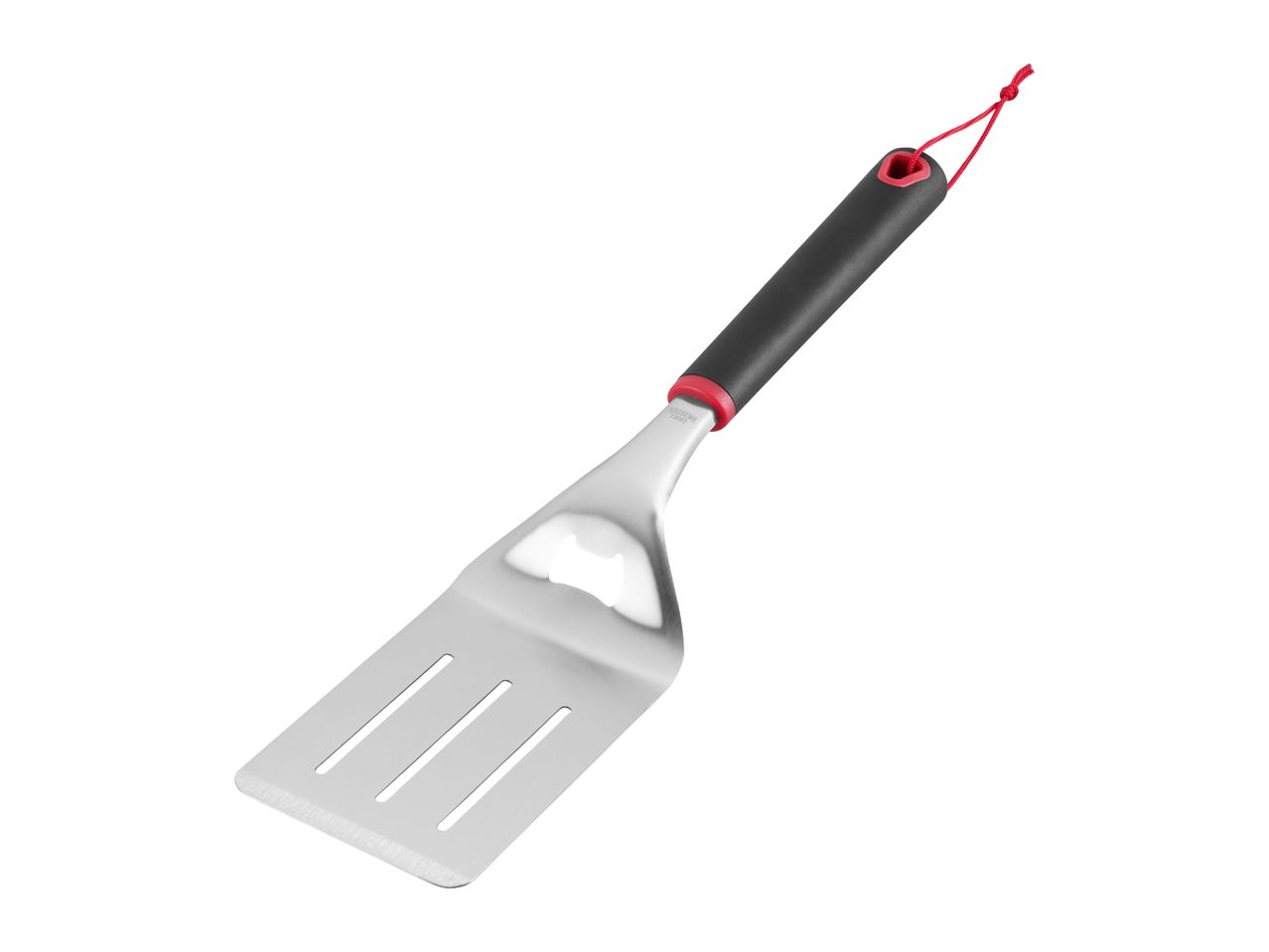 Stainless steel barbecue spatula with a black handle and red accents