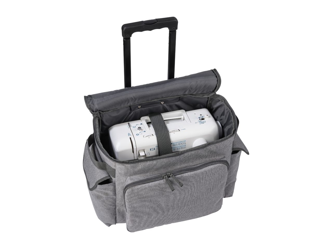 A gray sewing machine trolley bag with a white sewing machine inside.